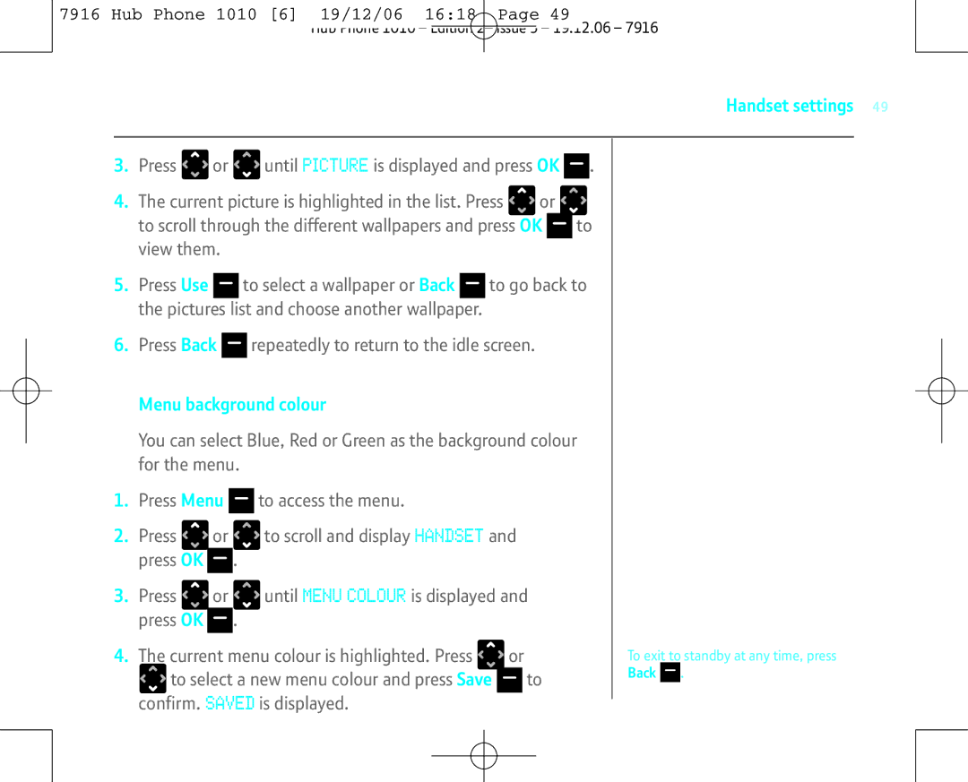 BT 1010 manual Menu background colour, To select a new menu colour and press Save, Confirm. Saved is displayed 