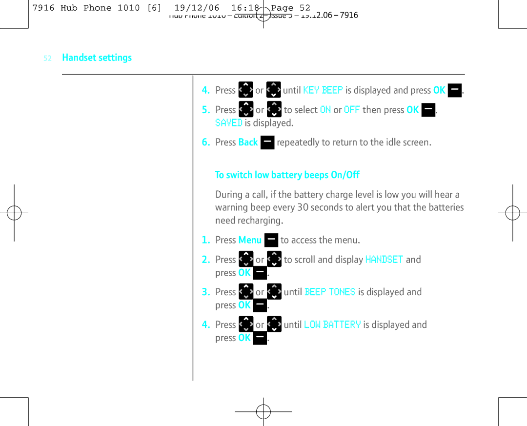 BT 1010 manual To switch low battery beeps On/Off 