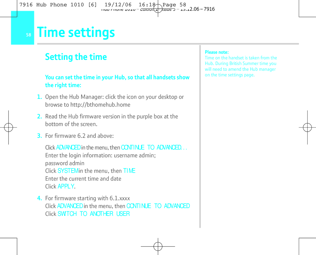 BT 1010 manual Time settings, Setting the time 