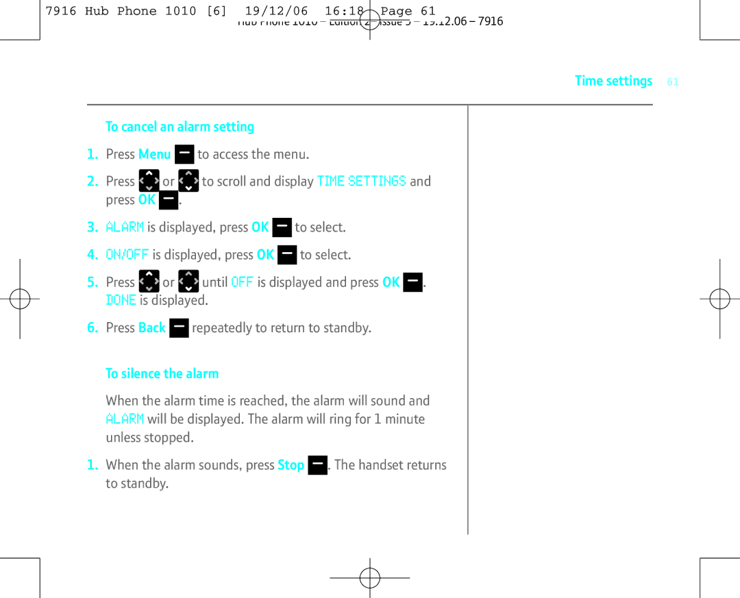 BT 1010 manual Time settings To cancel an alarm setting, To silence the alarm 