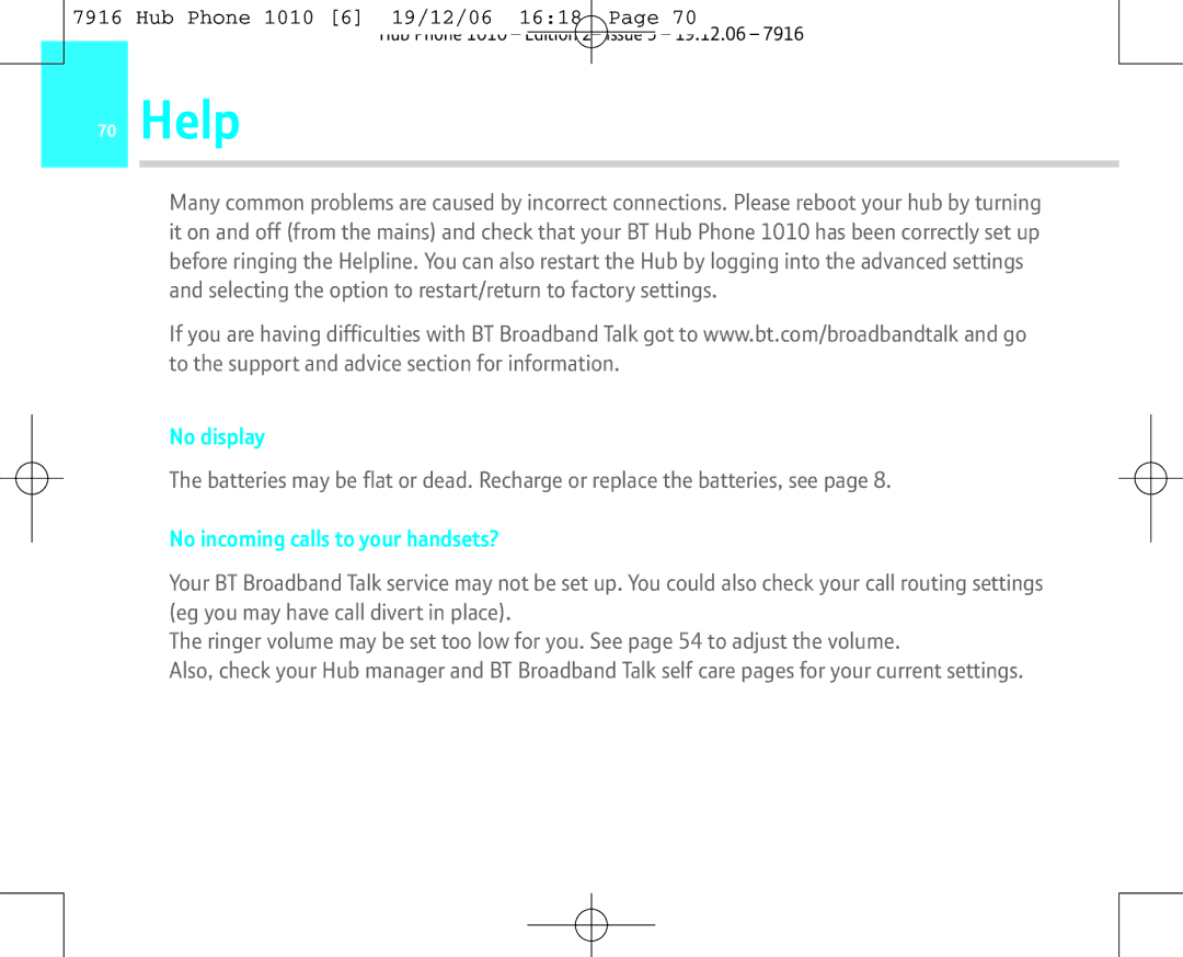 BT 1010 manual Help, No display, No incoming calls to your handsets? 