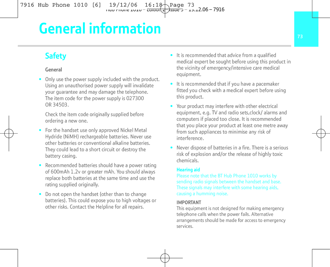 BT 1010 manual General information, Safety 