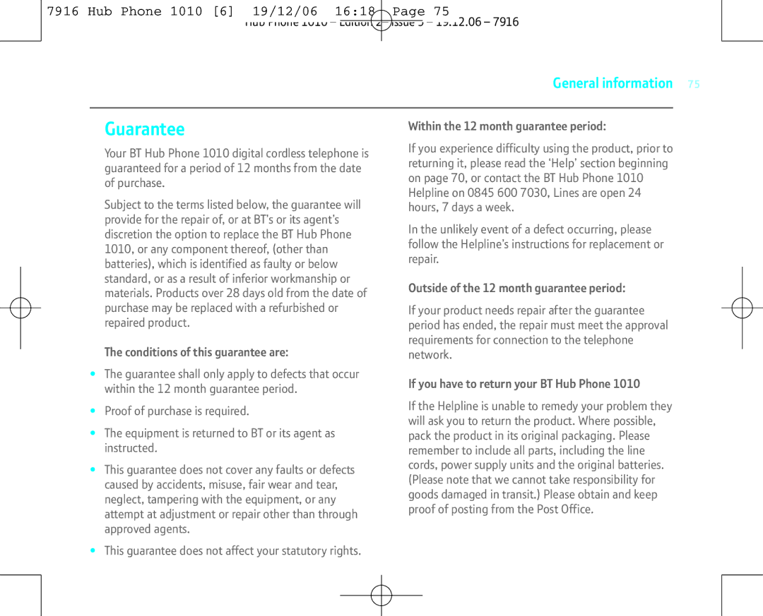 BT 1010 manual Guarantee 