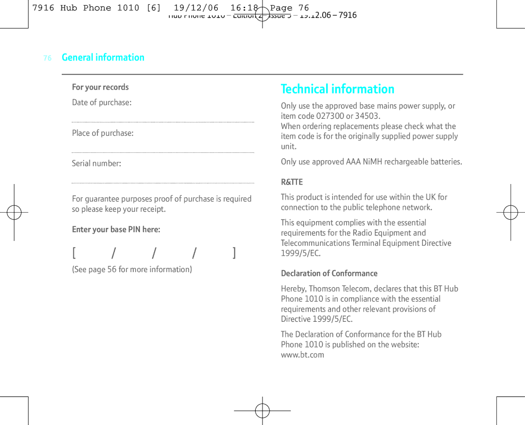 BT 1010 manual Technical information 