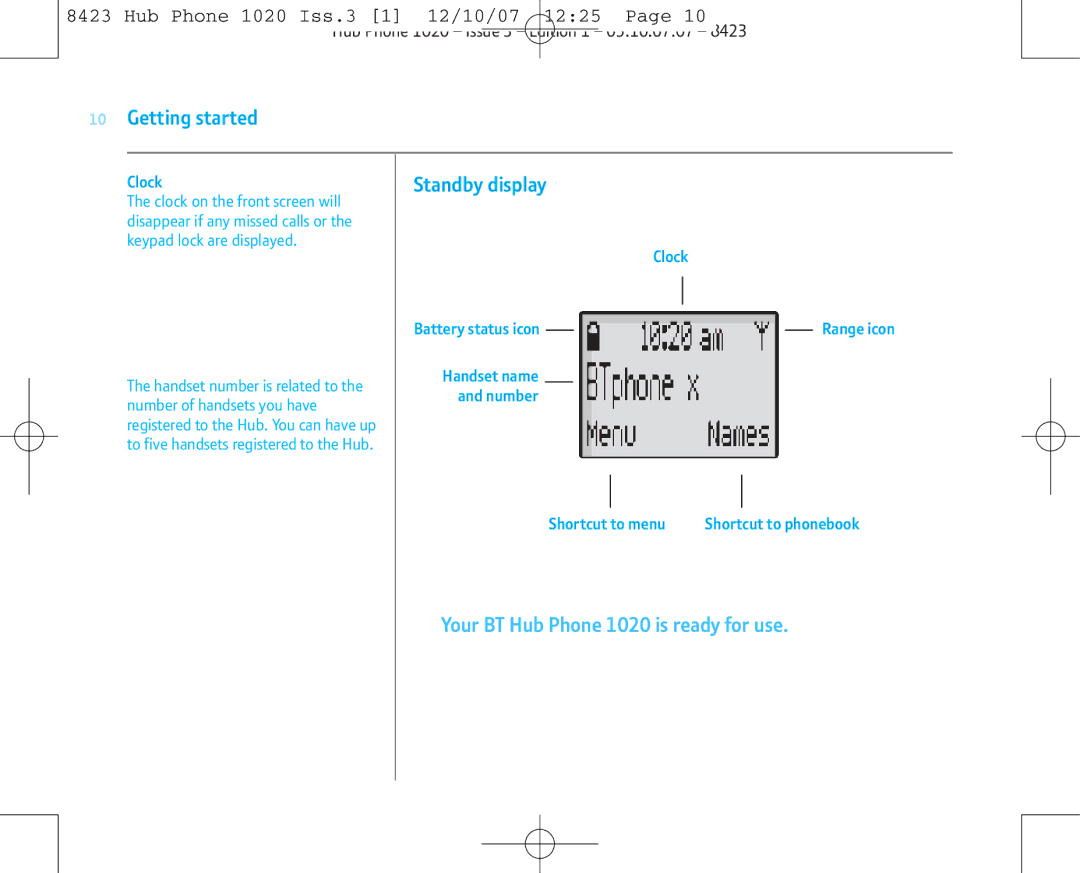 BT 1020 manual Standby display, Handset name Number 