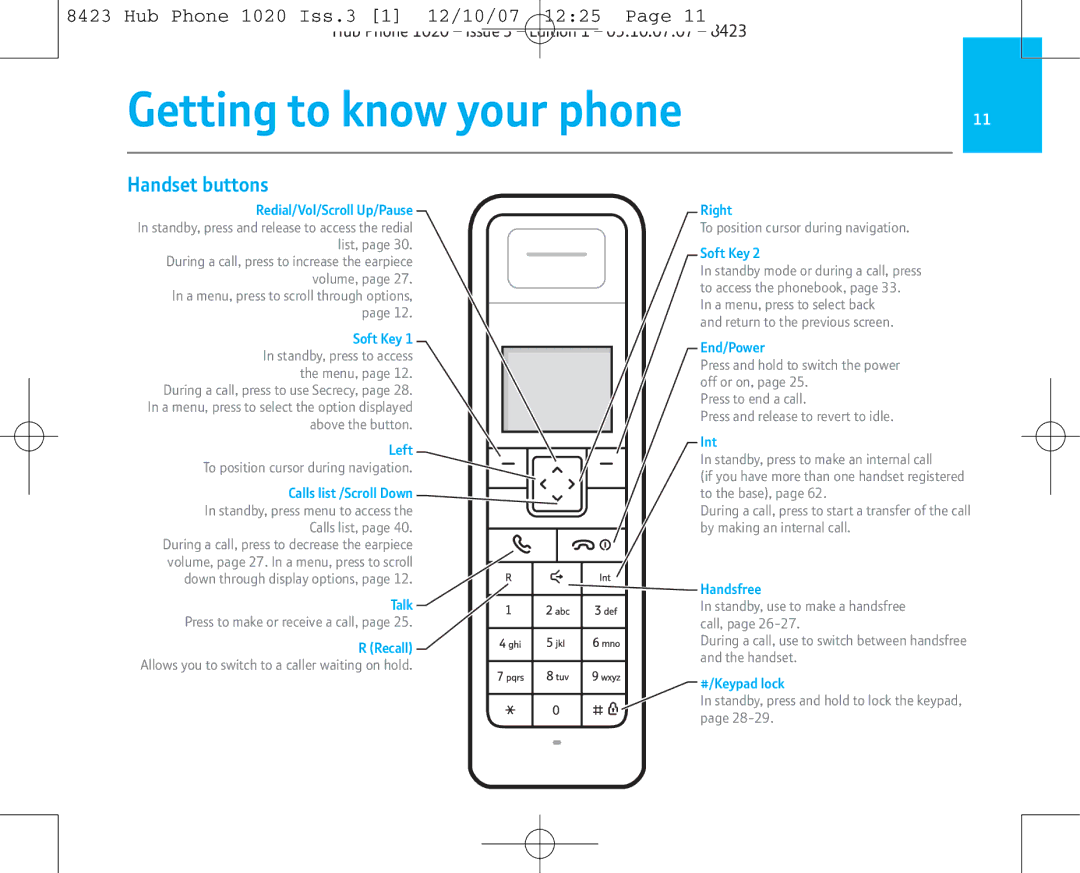 BT 1020 manual Getting to know your phone, Handset buttons 