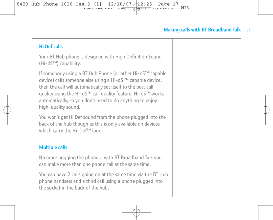 BT 1020 manual Making calls with BT Broadband Talk Hi Def calls, Multiple calls 