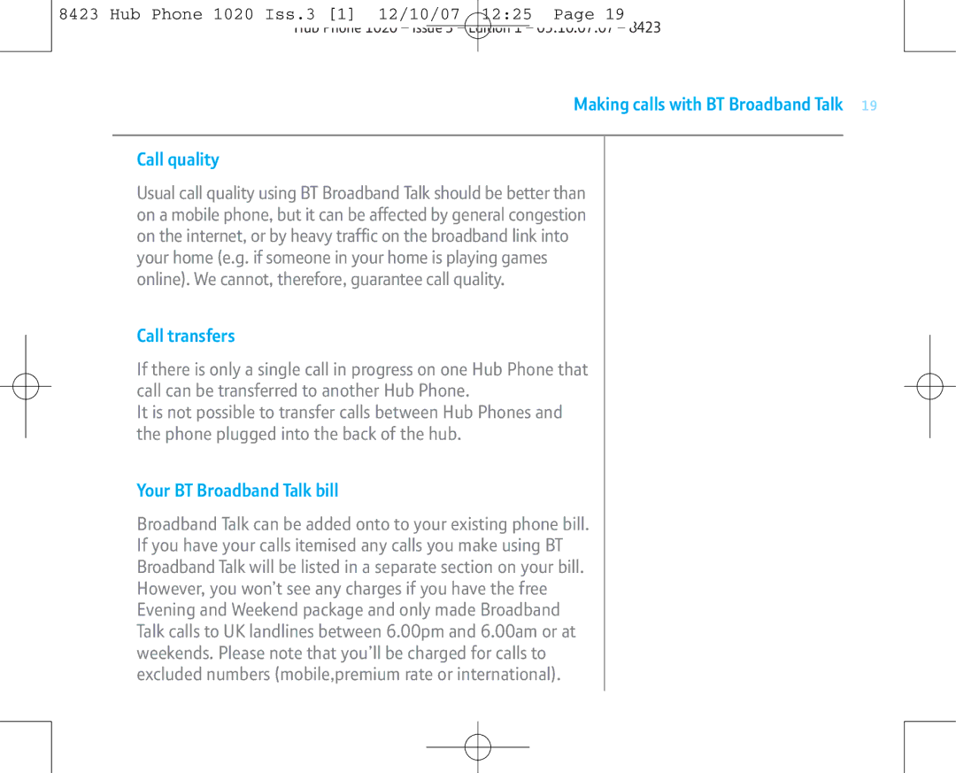 BT 1020 manual Making calls with BT Broadband Talk Call quality, Call transfers, Your BT Broadband Talk bill 