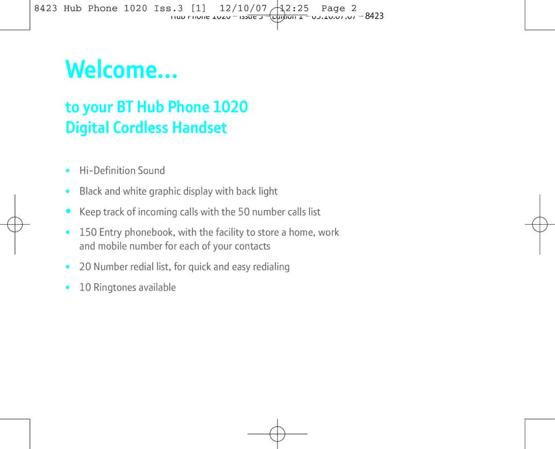 BT manual Welcome…, To your BT Hub Phone 1020 Digital Cordless Handset 