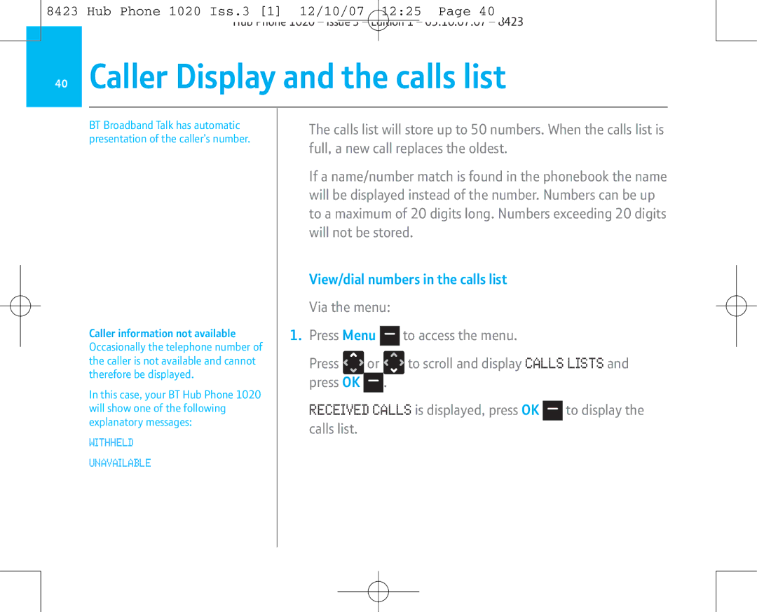 BT 1020 manual Caller Display and the calls list, View/dial numbers in the calls list 