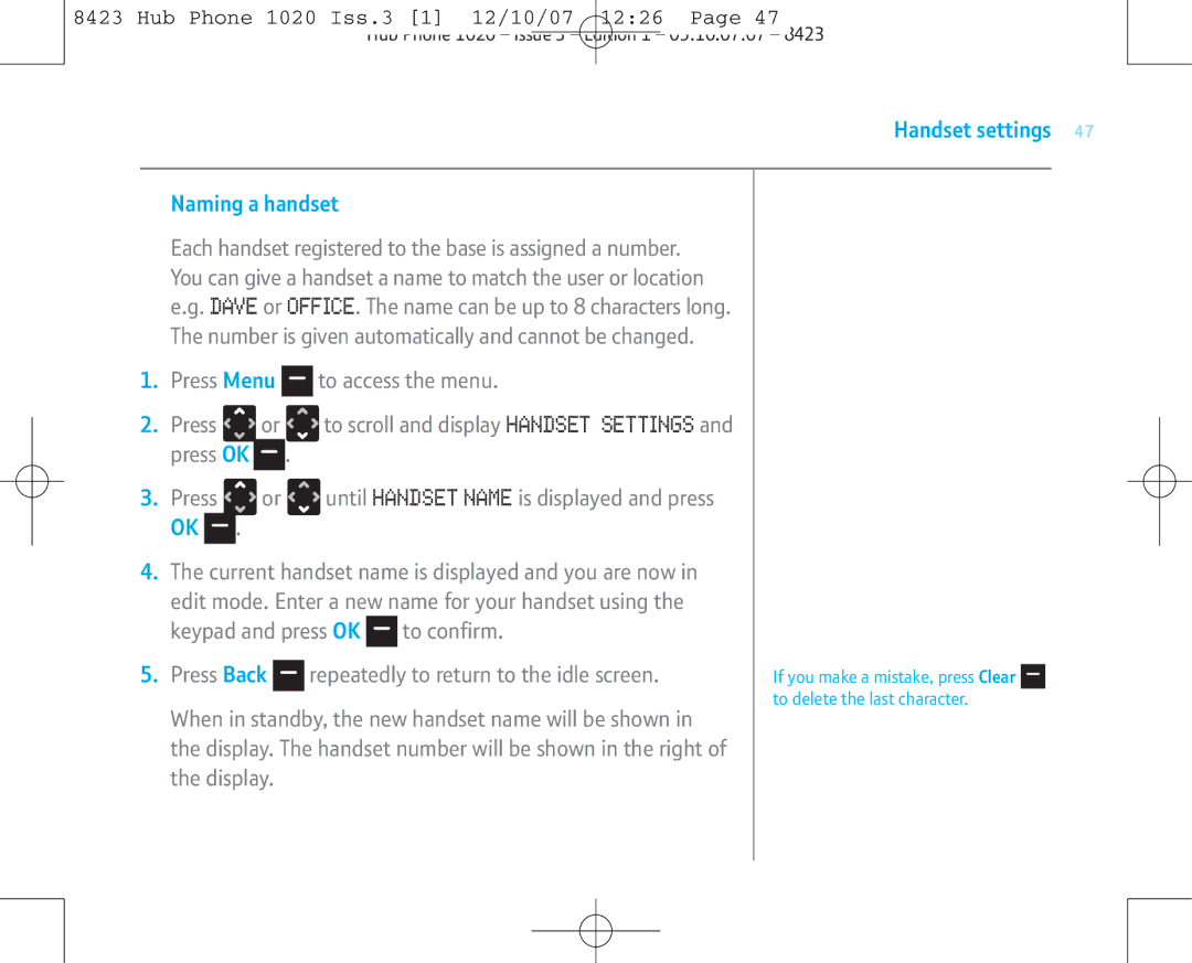 BT 1020 manual Handset settings Naming a handset, Press Back, Repeatedly to return to the idle screen 