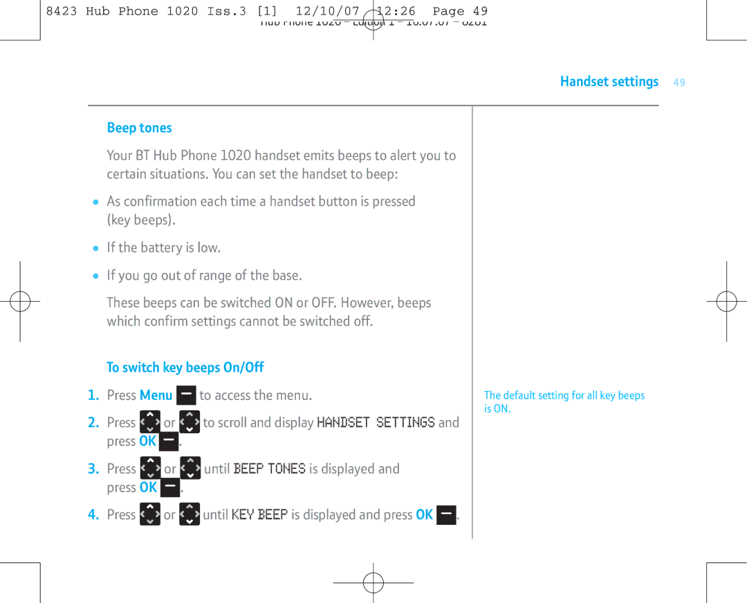 BT 1020 manual Handset settings Beep tones, To switch key beeps On/Off 