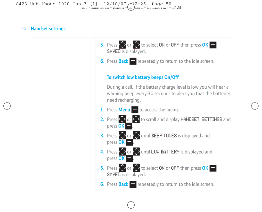 BT 1020 manual Handset settings, To switch low battery beeps On/Off 