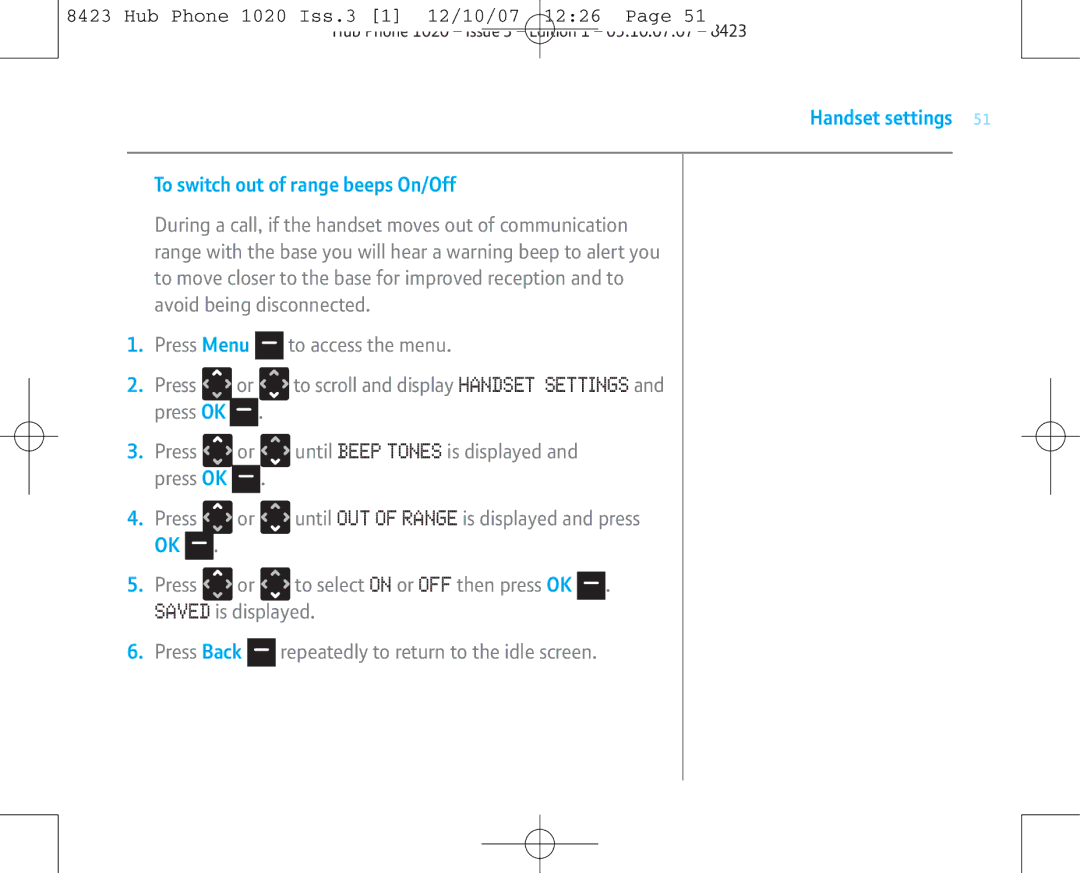 BT 1020 manual Handset settings To switch out of range beeps On/Off 