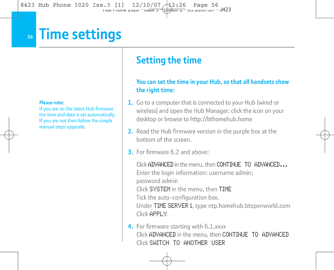 BT 1020 manual Time settings, Setting the time, Enter the login information username admin password admin 