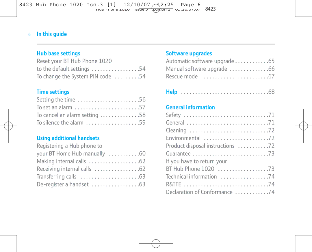 BT 1020 This guide Hub base settings Software upgrades, Time settings, General information, Using additional handsets 