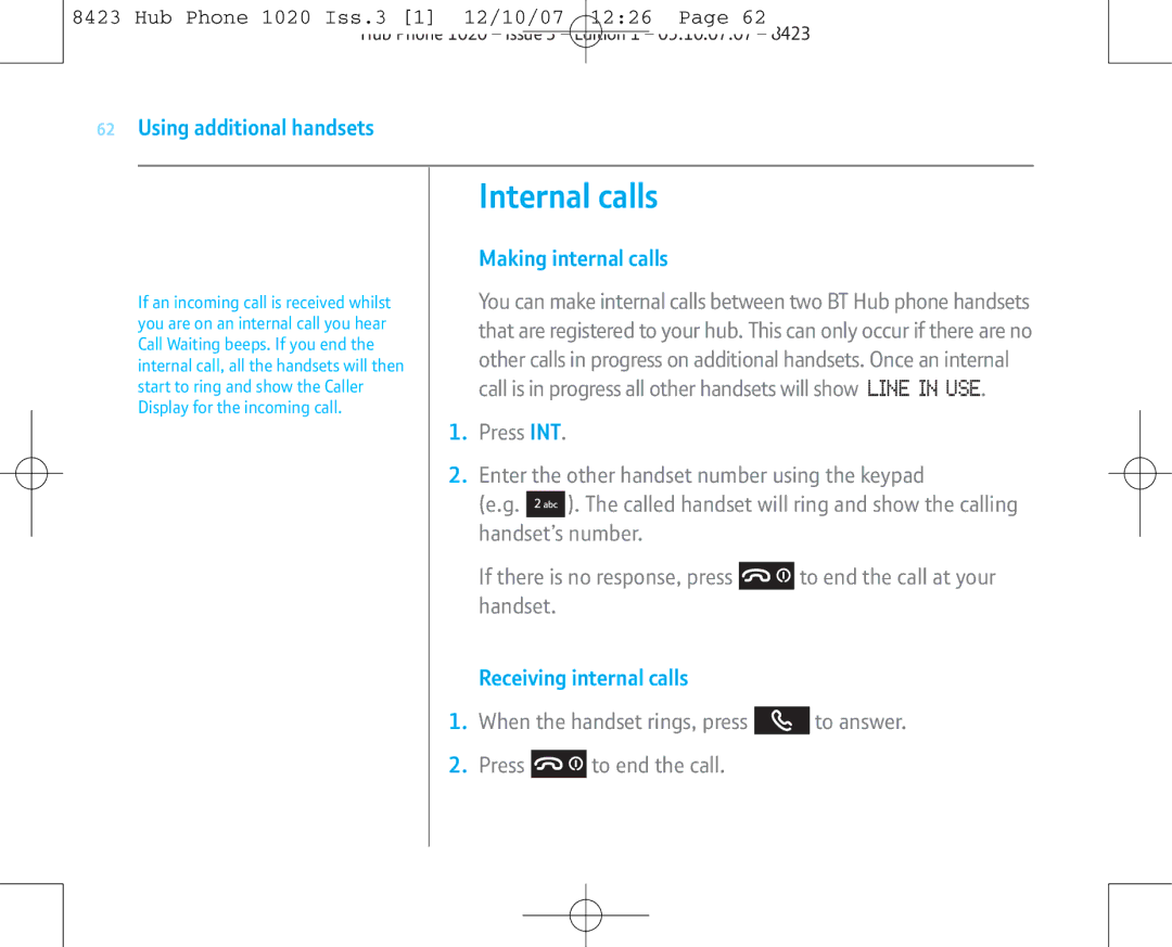 BT 1020 manual Internal calls, Making internal calls, Receiving internal calls 