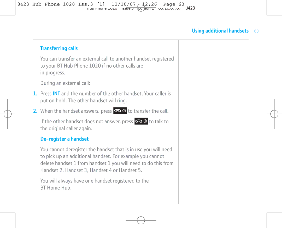 BT 1020 manual Using additional handsets Transferring calls, De-register a handset 