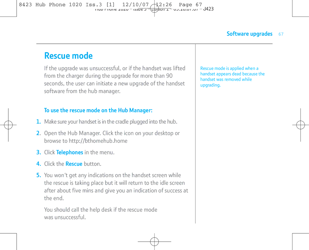 BT 1020 manual Rescue mode, To use the rescue mode on the Hub Manager 