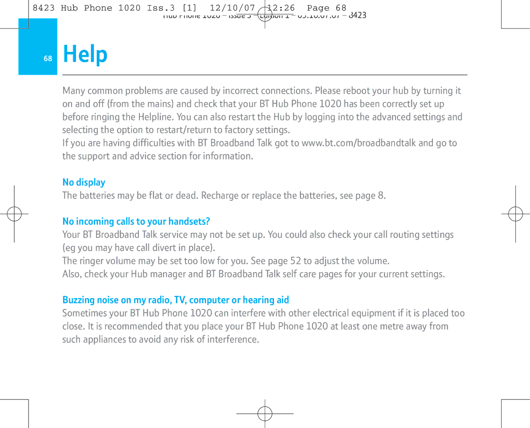 BT 1020 Help, No display, No incoming calls to your handsets?, Buzzing noise on my radio, TV, computer or hearing aid 