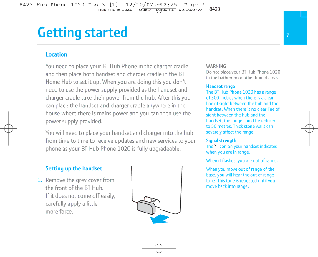 BT 1020 manual Getting started, Location, Setting up the handset 