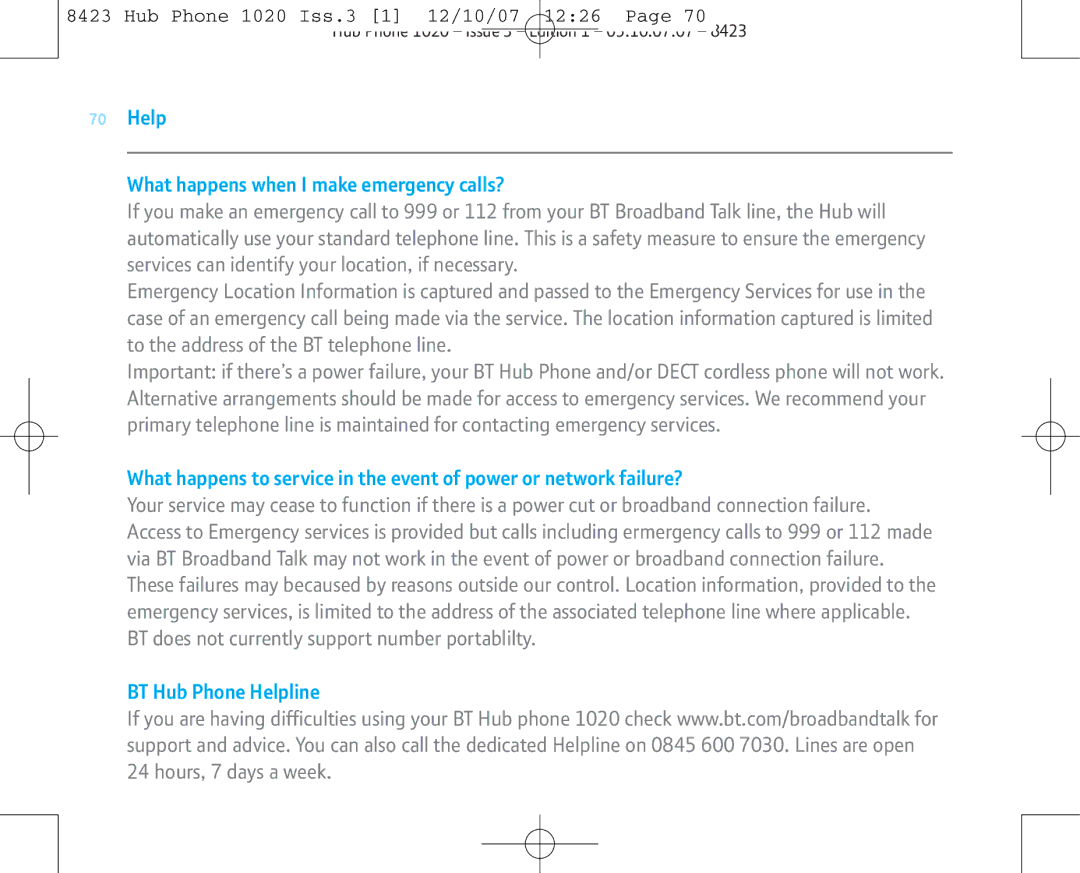 BT 1020 manual Help What happens when I make emergency calls?, BT Hub Phone Helpline 