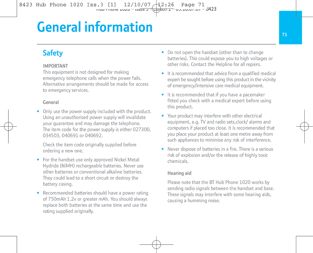 BT 1020 manual General information, Safety 