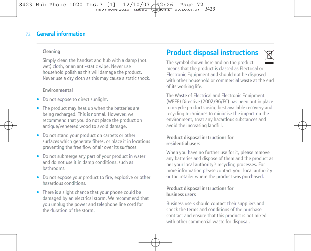 BT 1020 manual Product disposal instructions 