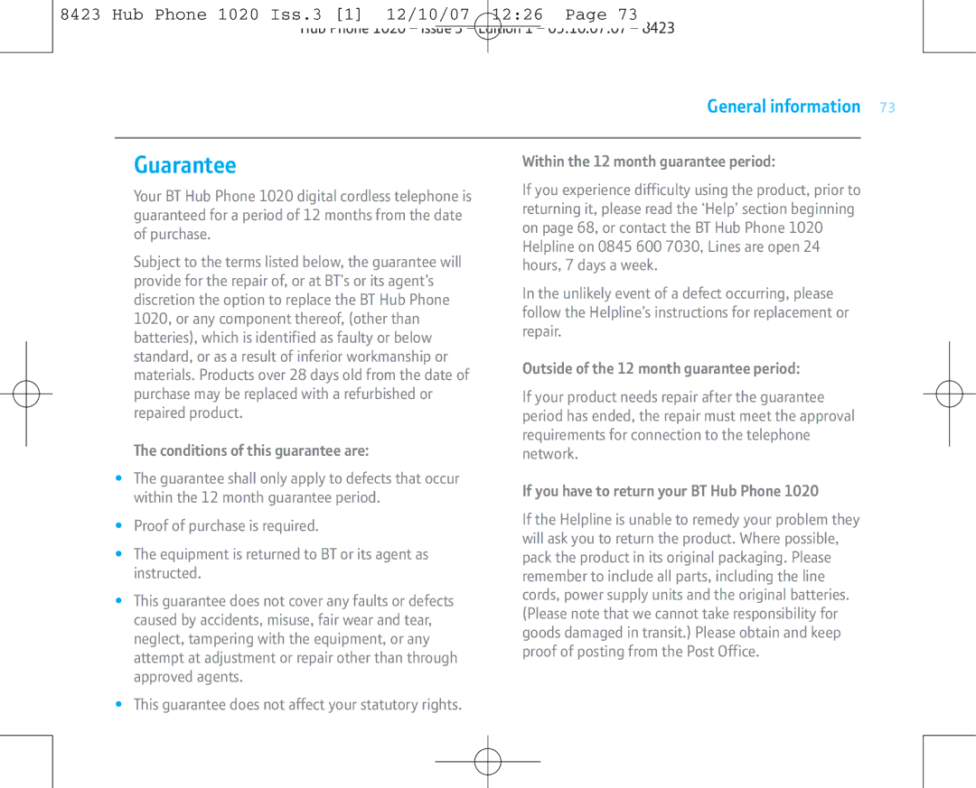 BT 1020 manual Guarantee 