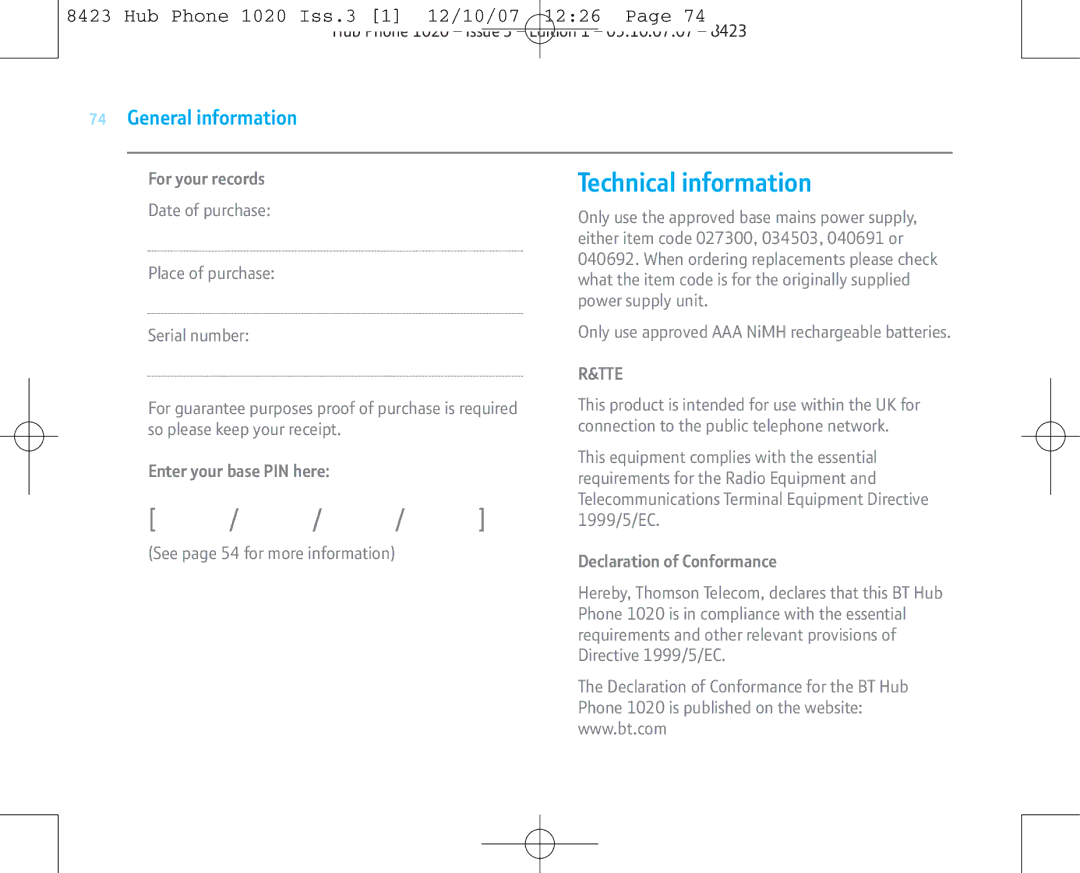 BT 1020 manual Technical information 