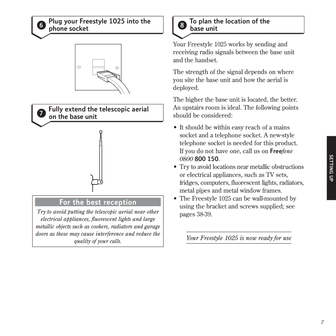 BT manual Plug your Freestyle 1025 into, Phone socket Base unit, Your Freestyle 1025 is now ready for use 