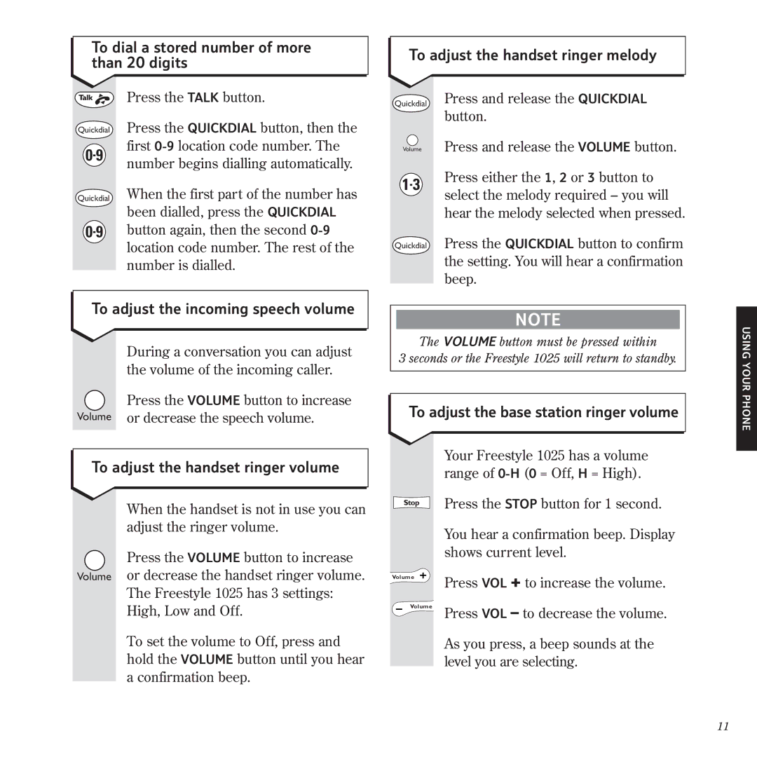 BT 1025 manual To adjust the incoming speech volume, To adjust the base station ringer volume 