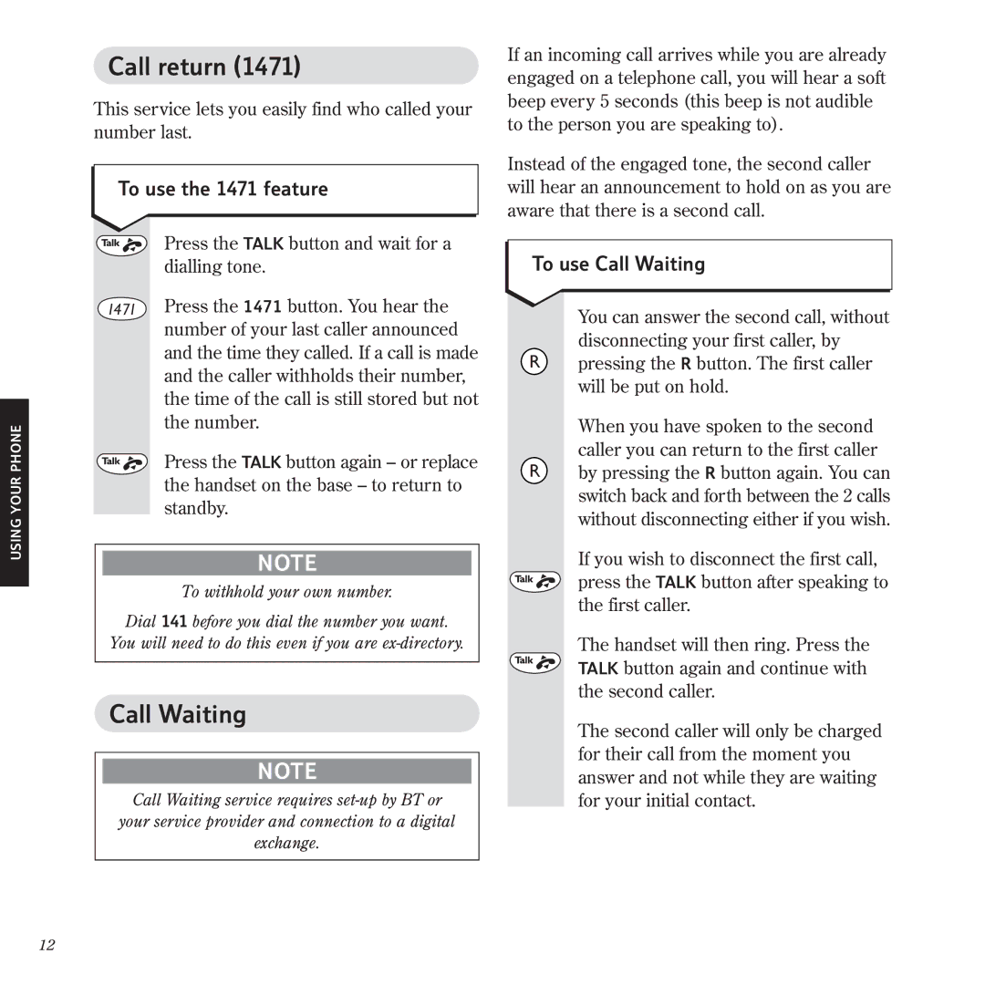 BT 1025 manual Call return, To use the 1471 feature, To use Call Waiting 