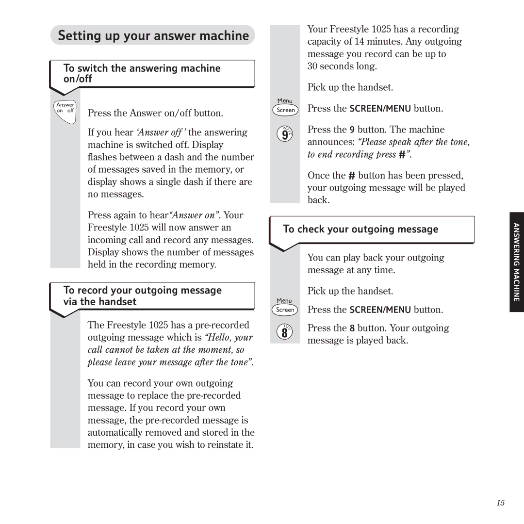 BT 1025 manual Setting up your answer machine, To switch the answering machine on/off, To check your outgoing message 