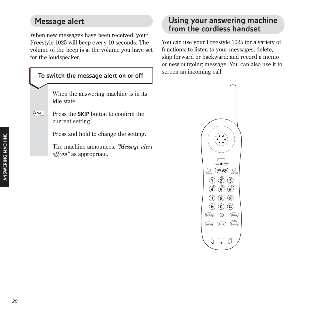 BT 1025 manual Message alert, To switch the message alert on or off 