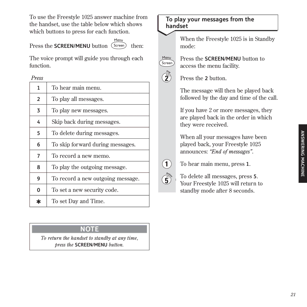 BT 1025 manual To play your messages from the handset, Press 