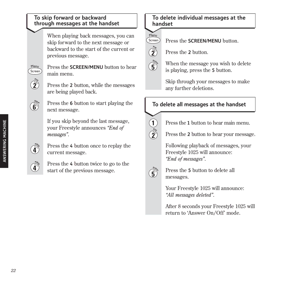 BT 1025 To delete individual messages at the handset, To delete all messages at the handset, Messages, End of messages 