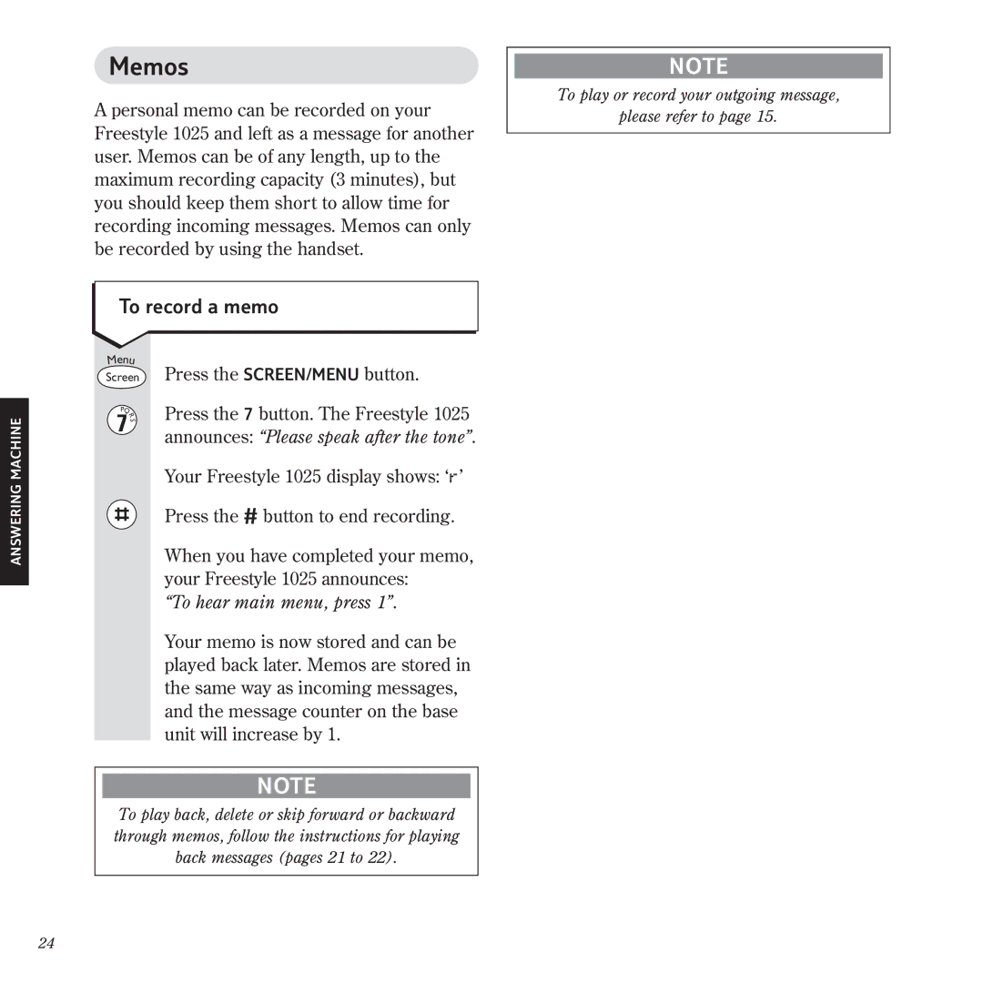 BT 1025 manual Memos, To record a memo, To hear main menu, press 