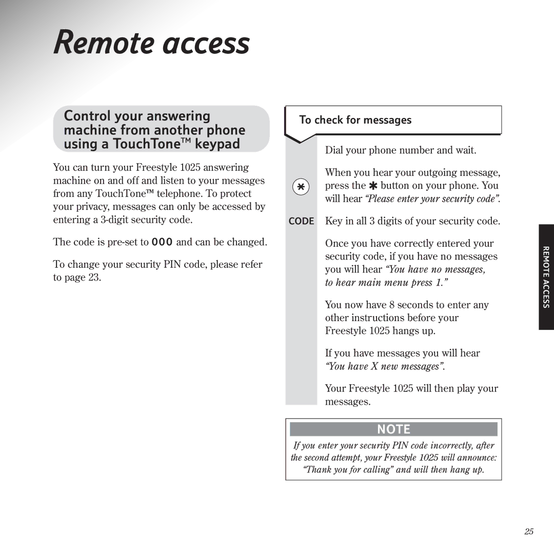 BT 1025 manual Remote access, To check for messages 