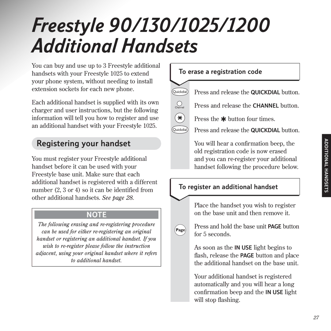 BT 1025 manual Registering your handset, To erase a registration code, To register an additional handset 