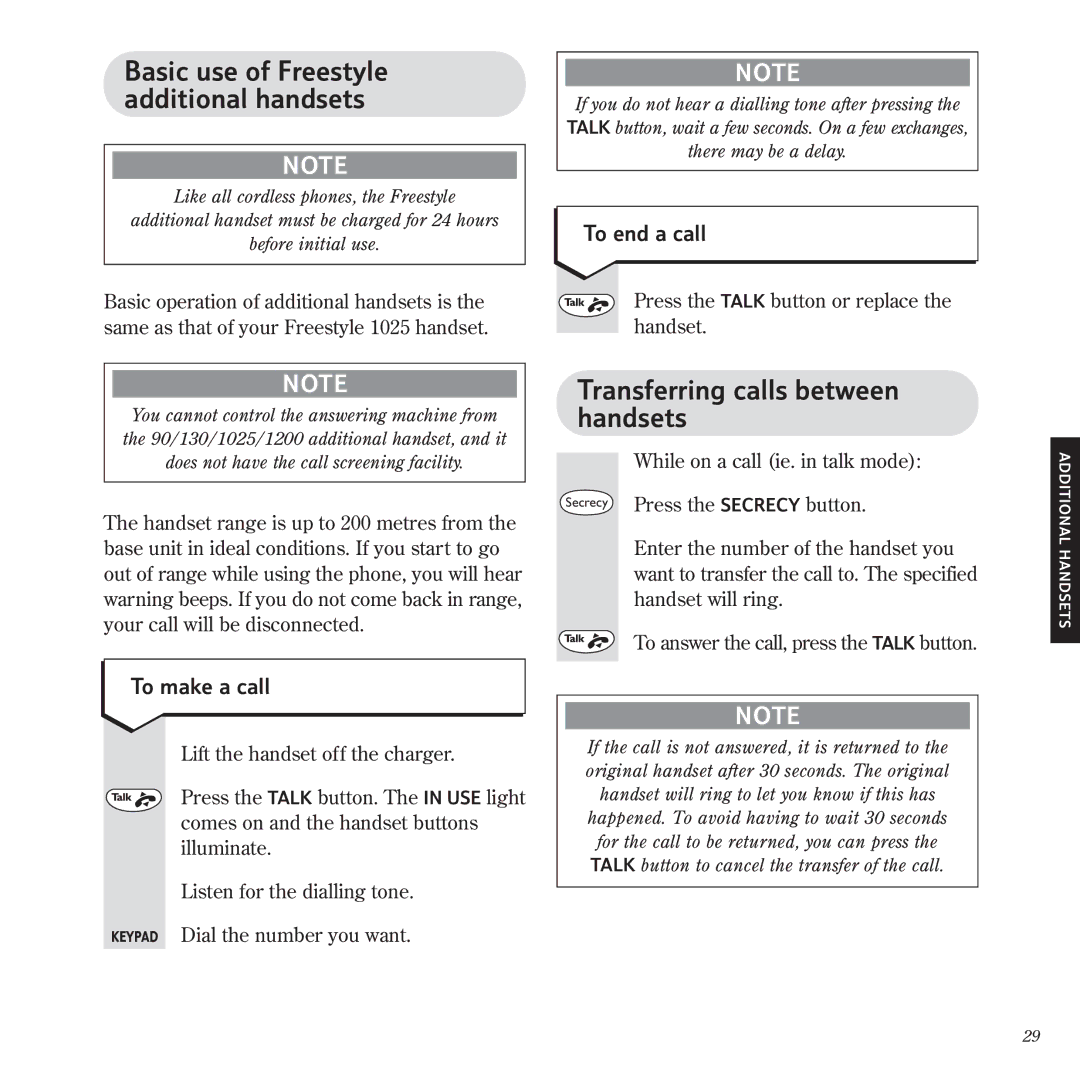 BT 1025 manual Transferring calls between handsets, Basic use of Freestyle additional handsets 