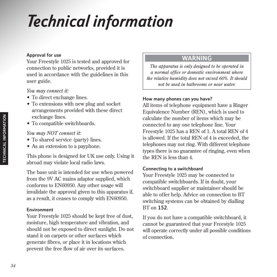 BT 1025 manual Technical information, You may connect it, You may not connect it 