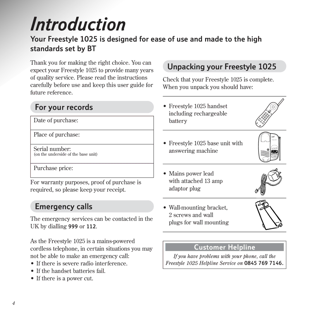 BT 1025 manual Introduction, Unpacking your Freestyle, For your records, Emergency calls 