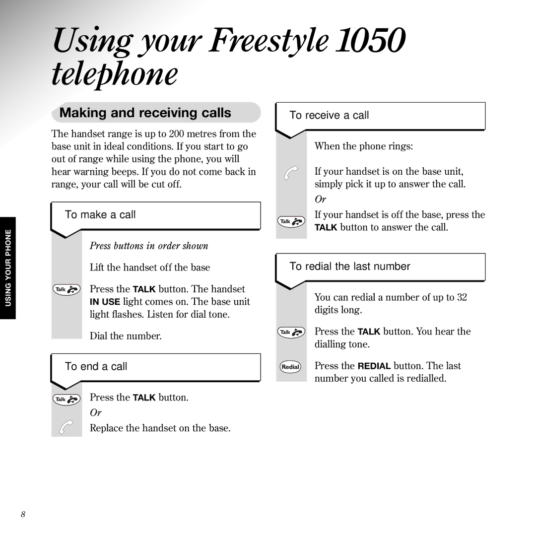 BT manual Using your Freestyle1050 telephone, Making and receiving calls 