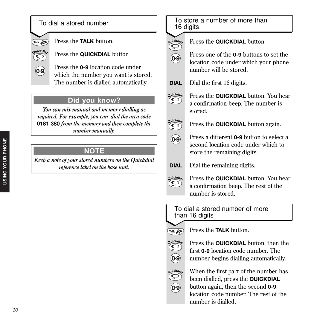 BT 1050 manual Did you know?, To dial a stored number of more than 16 digits 