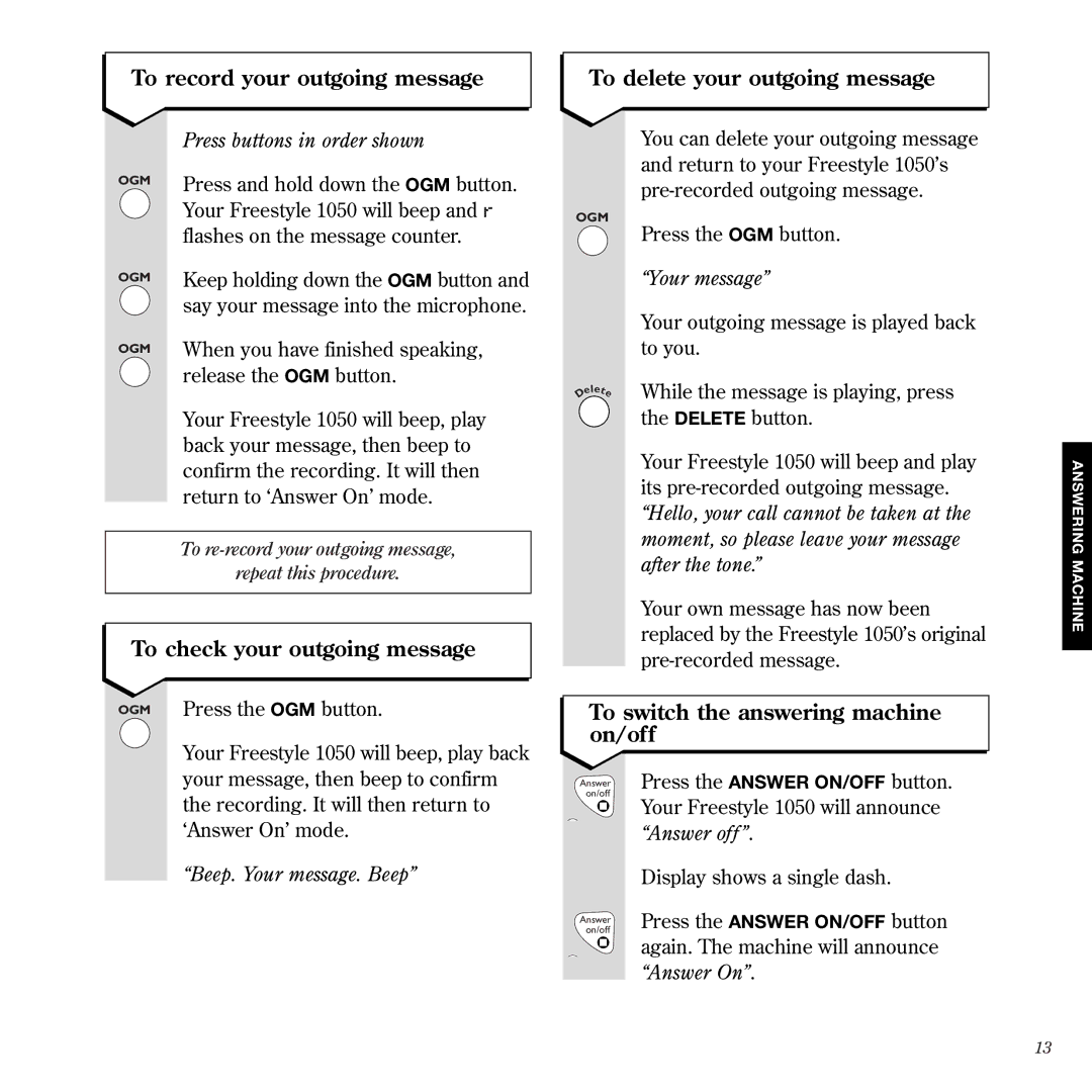 BT 1050 manual To record your outgoing message, To check your outgoing message, To delete your outgoing message 