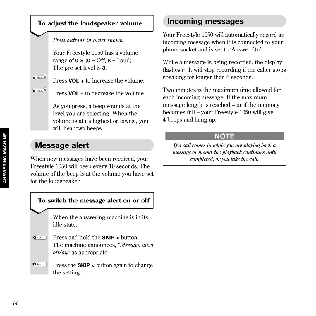 BT 1050 manual Message alert, Incoming messages, To adjust the loudspeaker volume, To switch the message alert on or off 