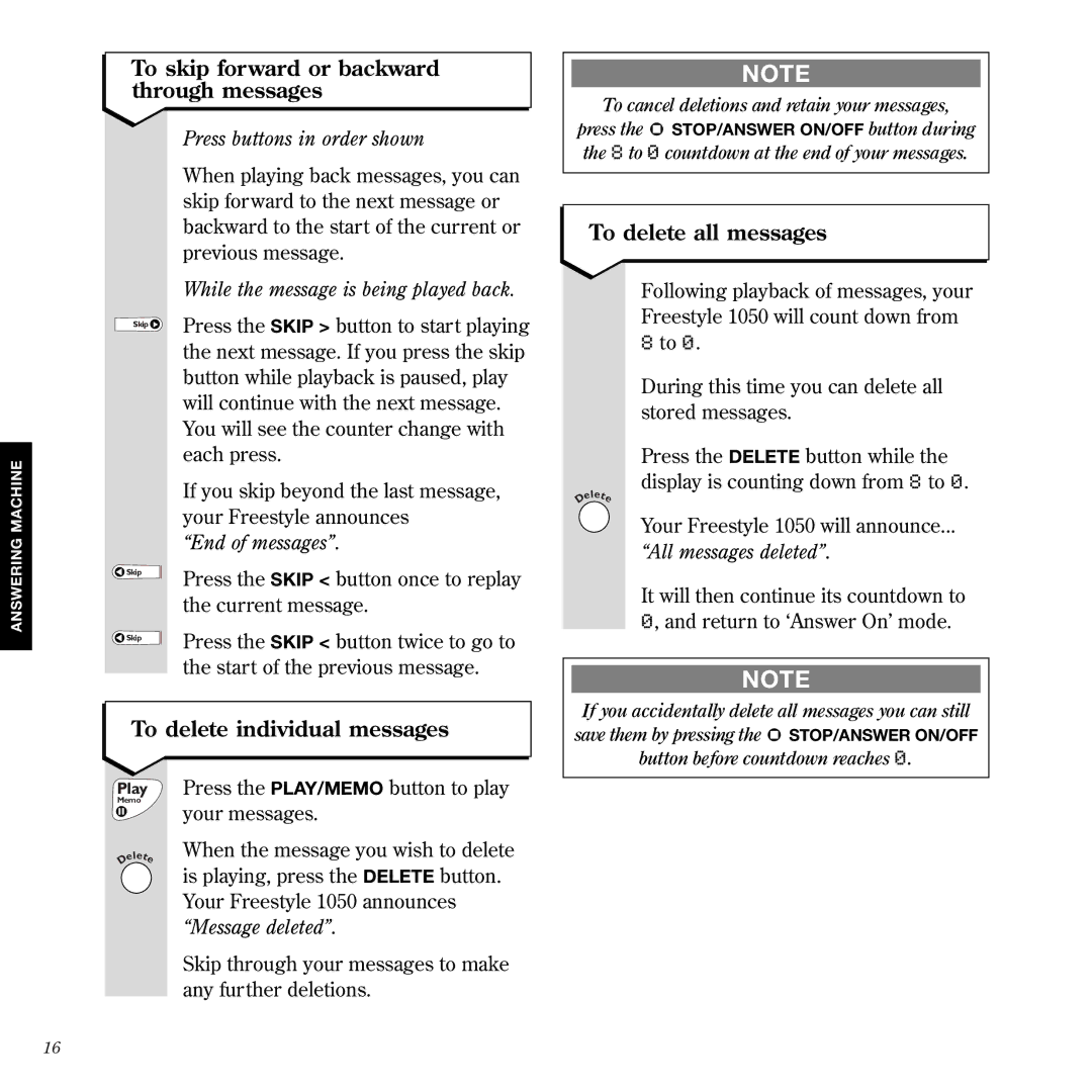 BT 1050 manual To skip forward or backward through messages, To delete all messages, To delete individual messages 