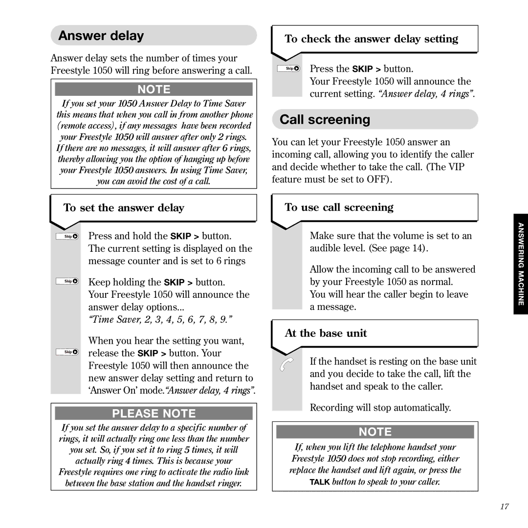 BT 1050 manual Answer delay, Call screening 