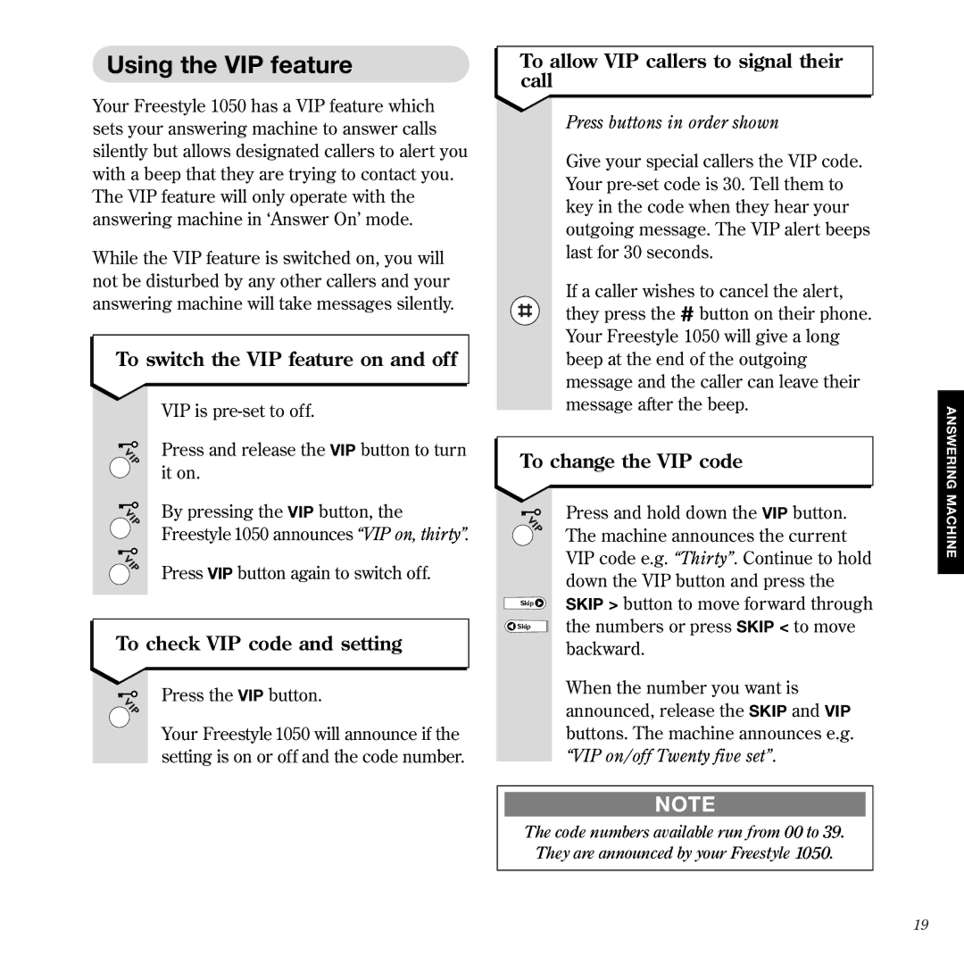 BT 1050 manual Using the VIP feature, To switch the VIP feature on and off, To allow VIP callers to signal their call 